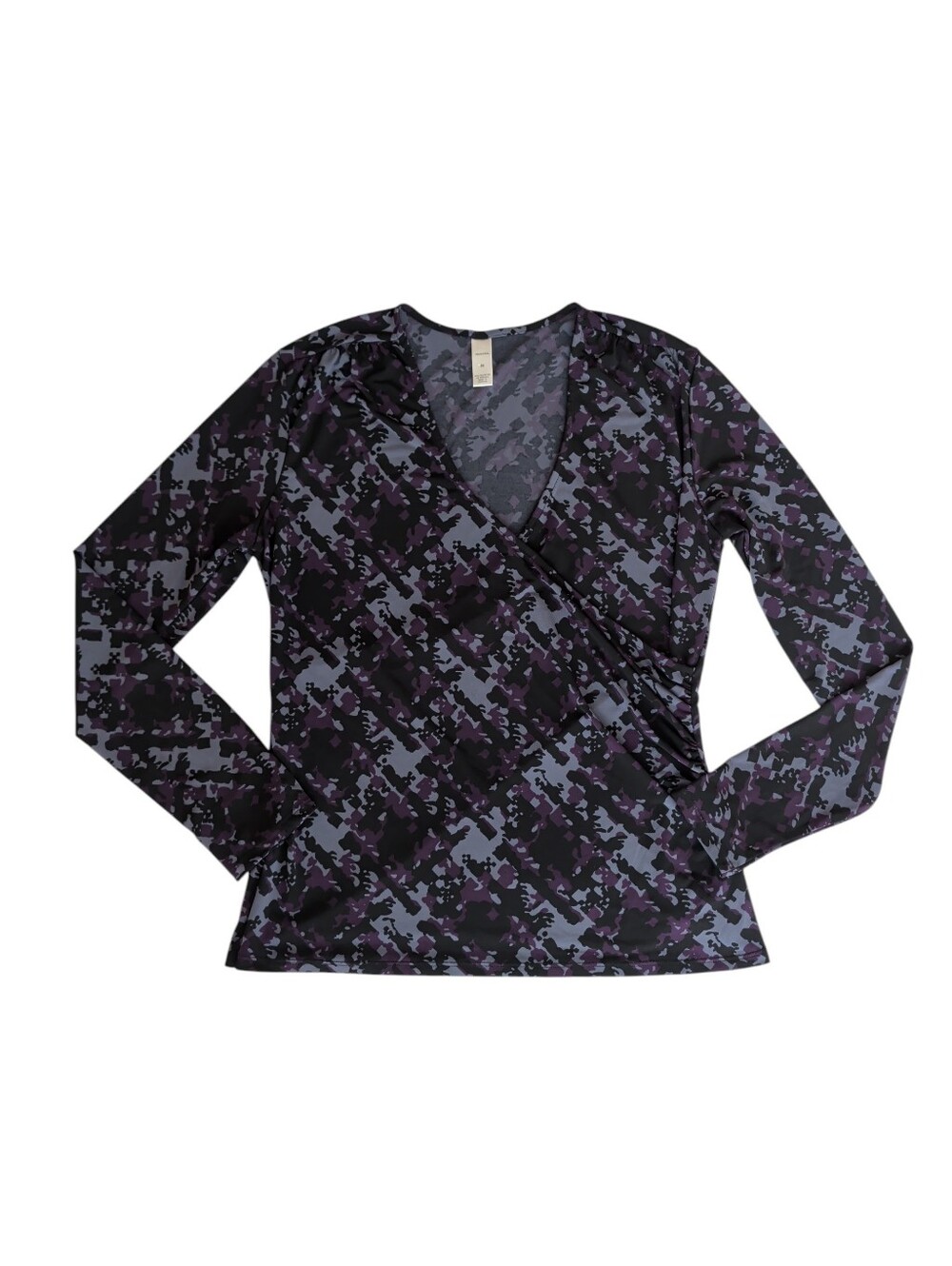 Merona V-Neck Faux Wrap Blouse MEDIUM Black Purple Gray